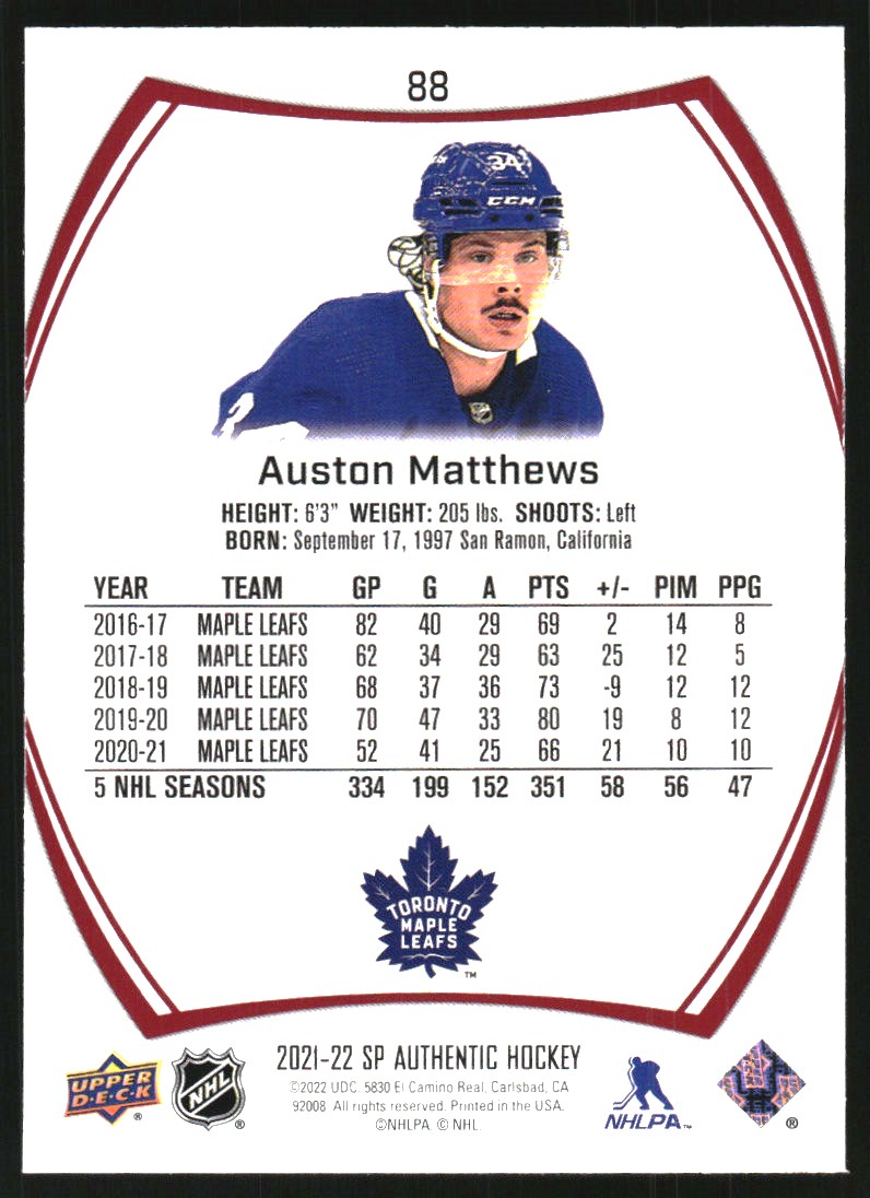2021-22 SP Authentic Limited Red #88 Auston Matthews