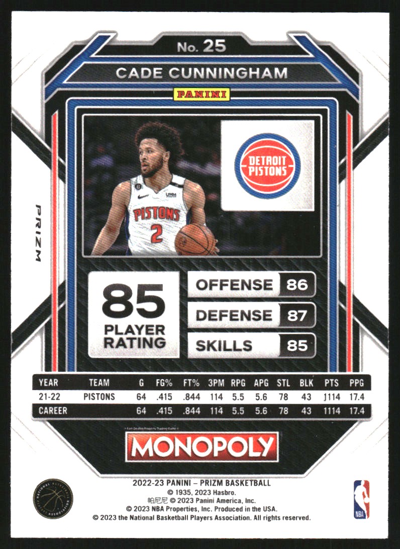 2022-23 Panini Prizm Monopoly Silver #25 Cade Cunningham