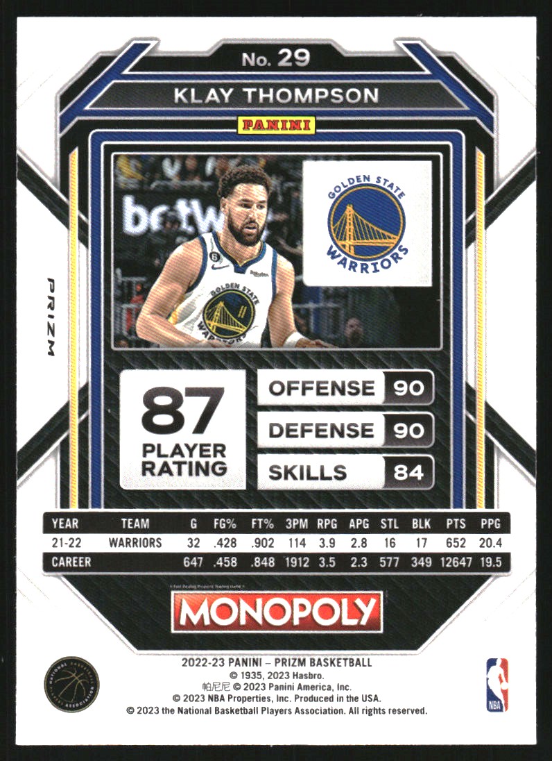 2022-23 Panini Prizm Monopoly Monopoly Black #29 Klay Thompson