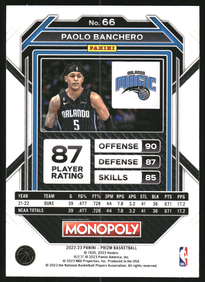 2022-23 Panini Prizm Monopoly #66 Paolo Banchero