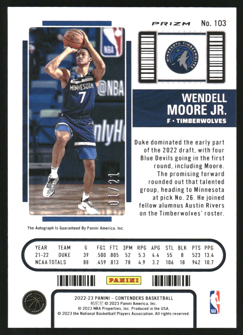 2022-23 Panini Contenders Premium Blue Shimmer FOTL #103 Wendell Moore Jr.