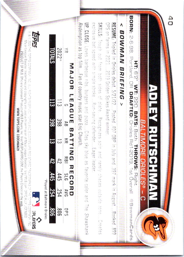 Adley Rutschman Baltimore Orioles 2023 Bowman # 40 Rookie Card