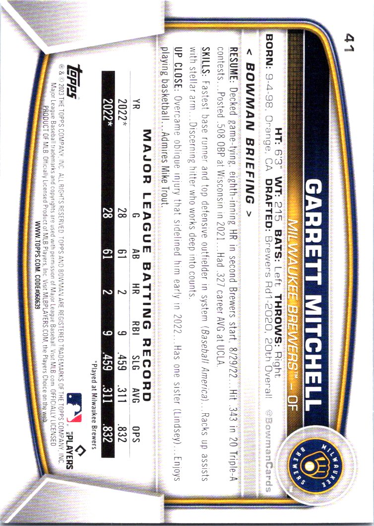 2023 Bowman #41 Garrett Mitchell Milwaukee Brewers Rookie Card,  in  2023