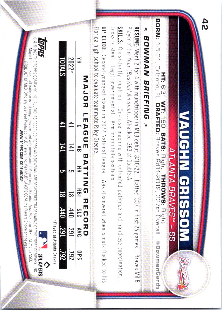 2023 Bowman #42 Vaughn Grissom RC - NM-MT - The Dugout Sportscards