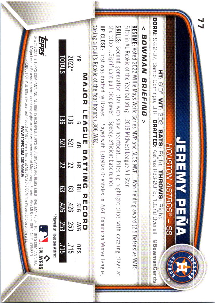 JEREMY PENA 2023 Bowman Baseball #77 Houston Astros