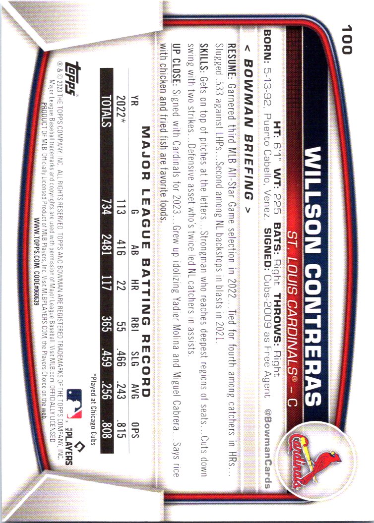 2023 Bowman Willson Contreras #100 St. Louis Cardinals Baseball Card