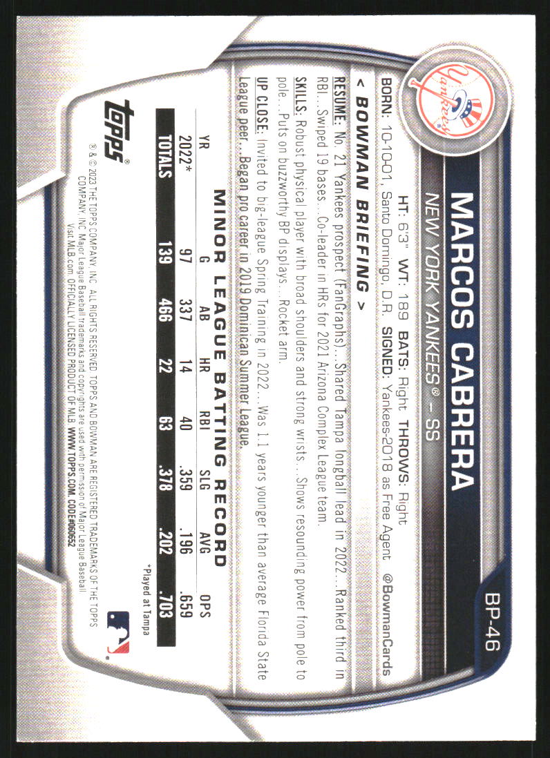 2023 Bowman Prospects Blue Pattern #BP46 Marcos Cabrera /125