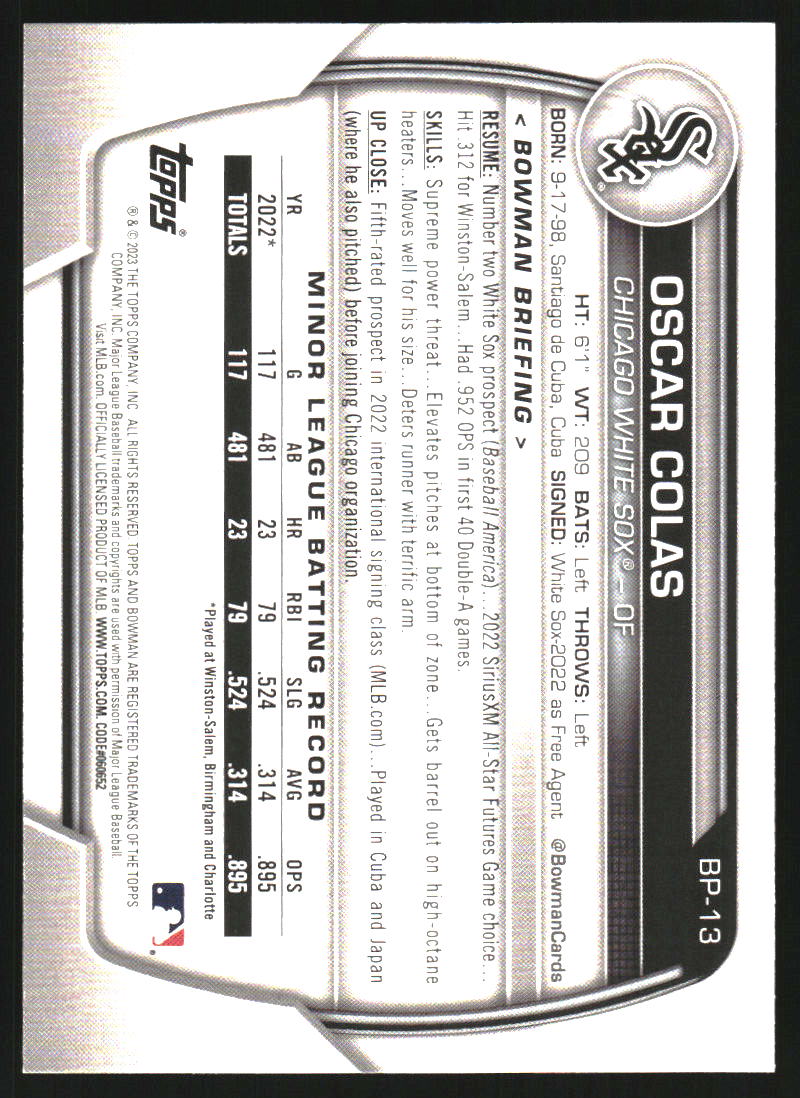 2023 Bowman Prospects Green Pattern #BP13 Oscar Colas /99