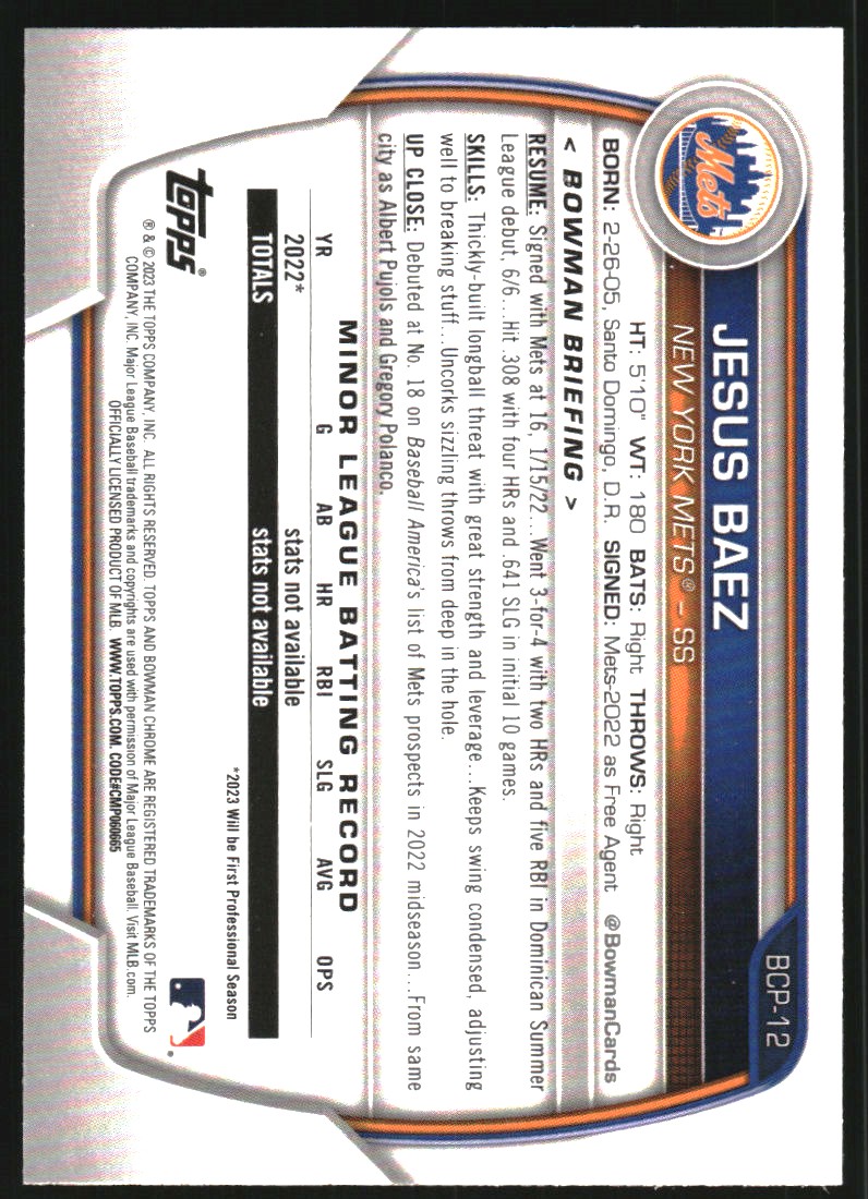 2023 Bowman Chrome Prospects #BCP12 Jesus Baez