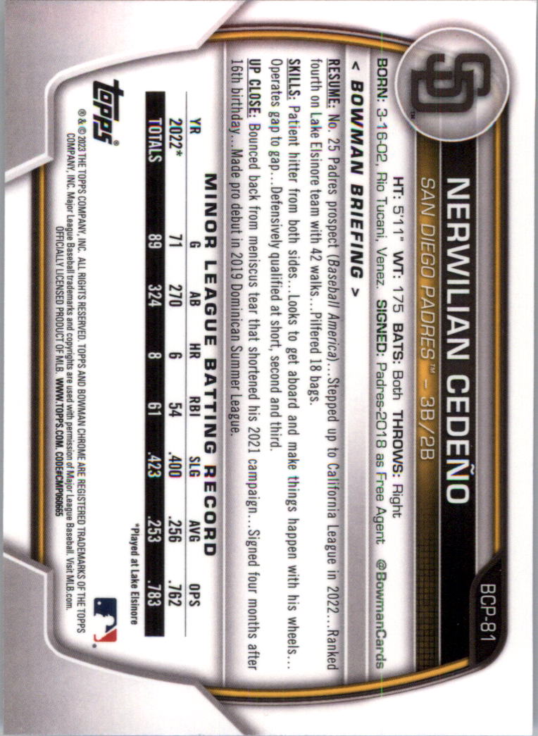 Selección de tarjeta de béisbol Bowman Chrome Prospects 2023 (base) - Imagen 139 de 438