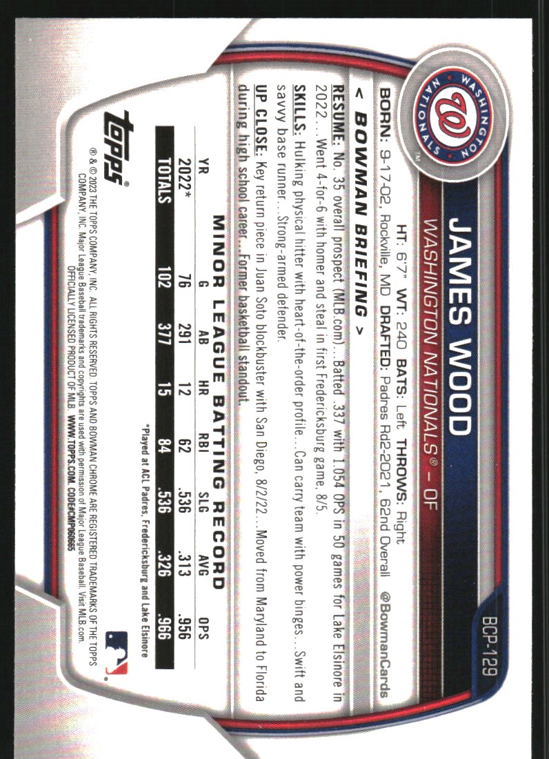 2023 Bowman Chrome Prospects #BCP129 James Wood