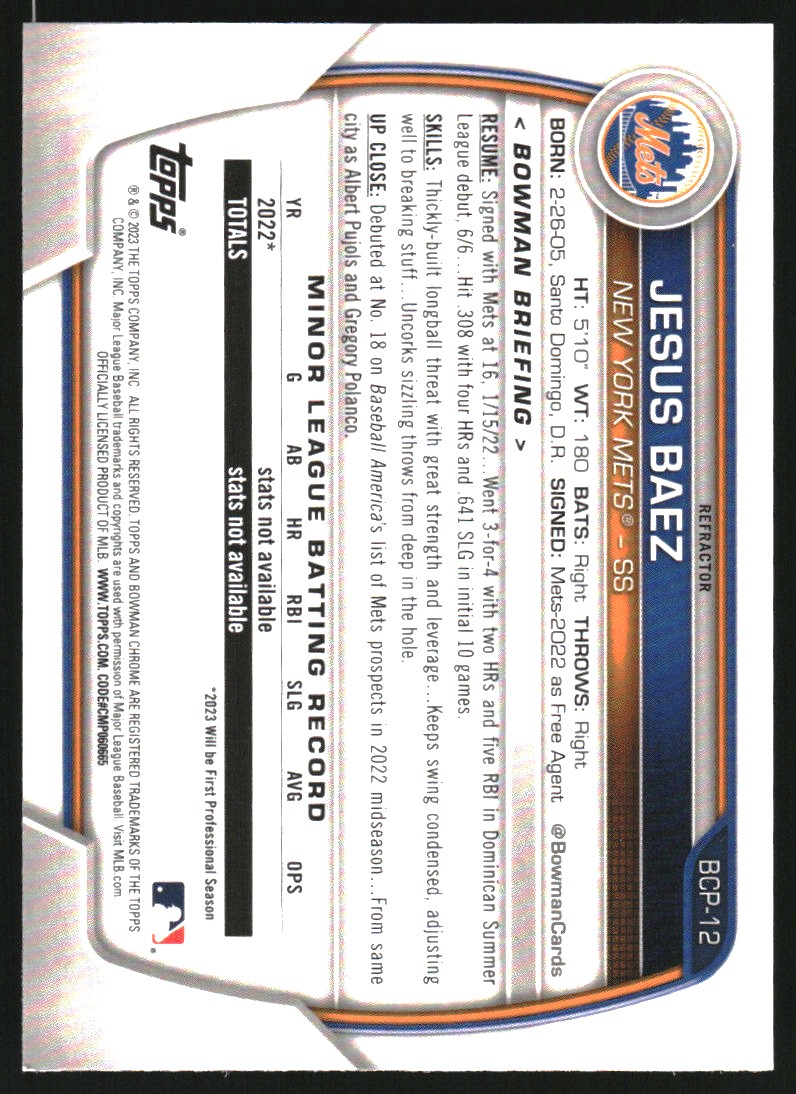 2023 Bowman Chrome Prospects Lunar Glow Refractors #BCP12 Jesus Baez