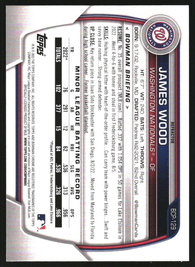 2023 Bowman Chrome Prospects Lunar Glow Refractors #BCP129 James Wood