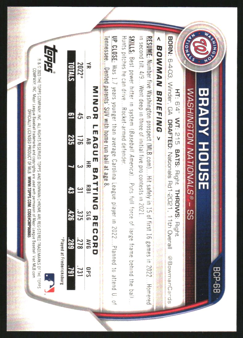 2023 Bowman Chrome Prospects Yellow Refractors #BCP68 Brady House