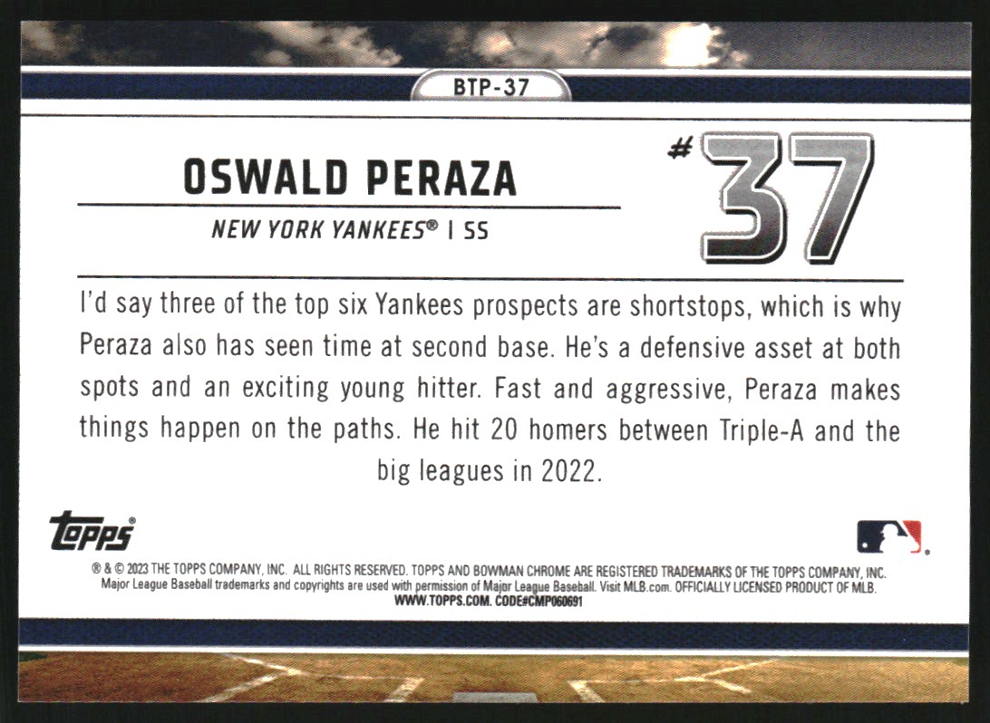 2023 Bowman Chrome Scouts Top 100 Aqua Refractors #BTP37 Oswald Peraza