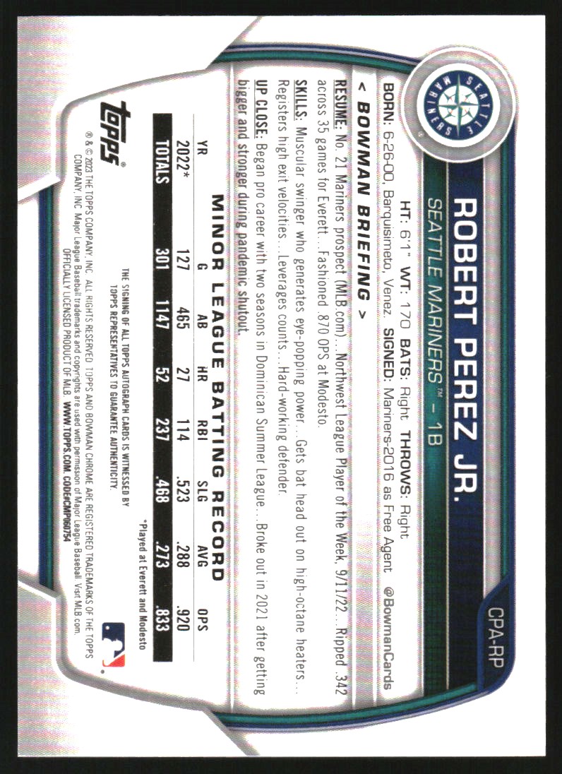 2023 Bowman Chrome Prospect Autographs #CPARP Robert Perez Jr.