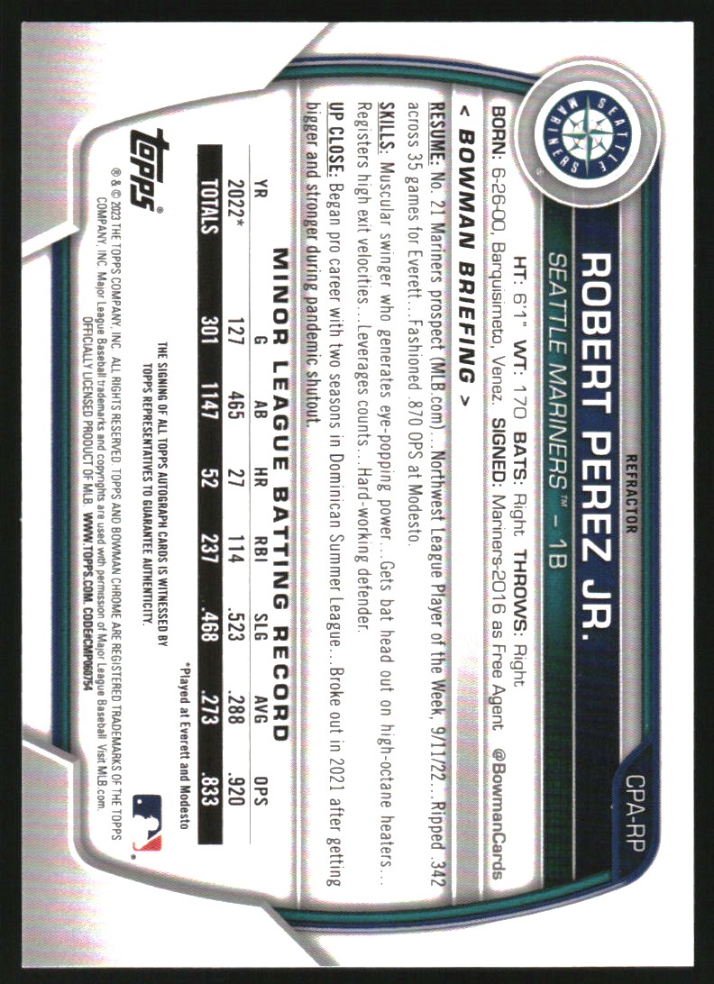 2023 Bowman Chrome Prospect Autographs Refractors #CPARP Robert Perez Jr.