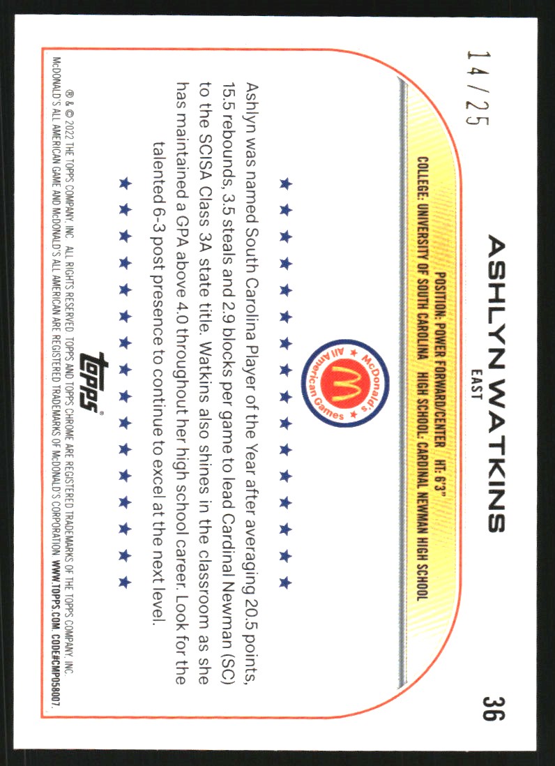 2022 Topps Chrome McDonald's All American Orange Basketball Refractors #36 Ashlyn Watkins