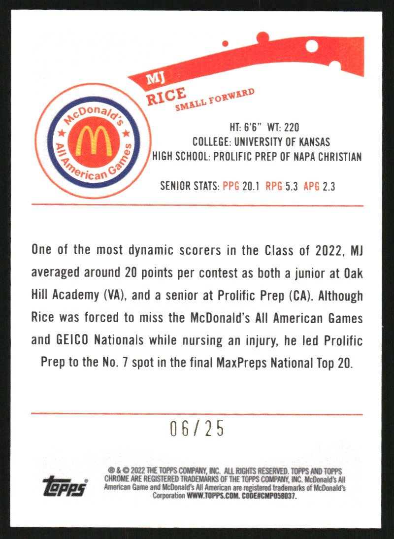 2022 Topps Chrome McDonald's All American '06 All American Orange Refractors #2K63 MJ Rice