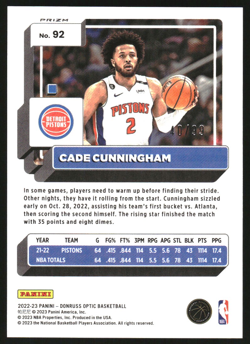 2022-23 Donruss Optic Fast Break Purple #92 Cade Cunningham