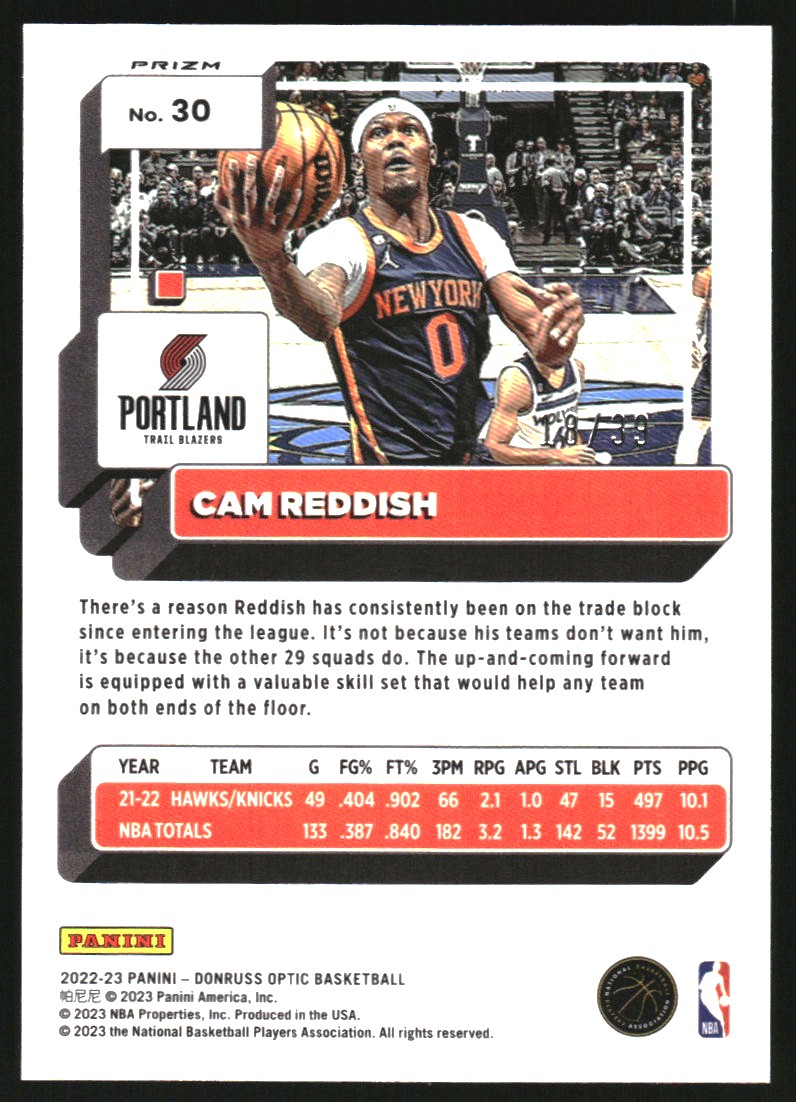 2022-23 Donruss Optic Black Velocity #30 Cam Reddish