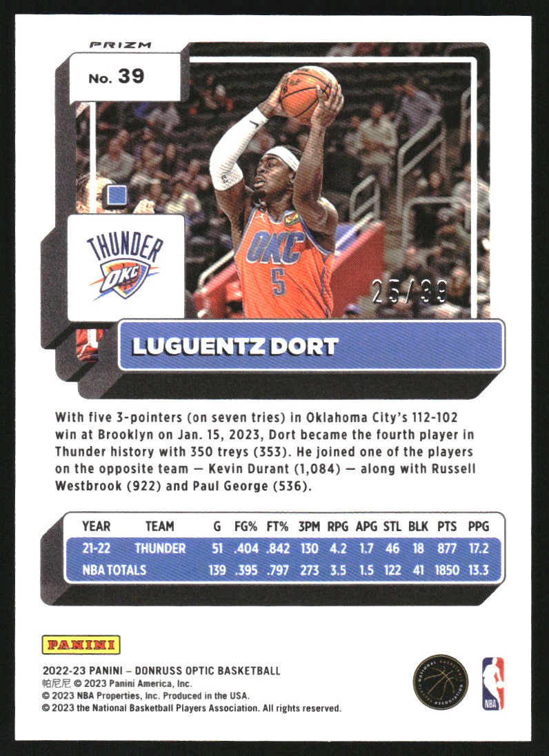 2022-23 Donruss Optic Black Velocity #39 Luguentz Dort