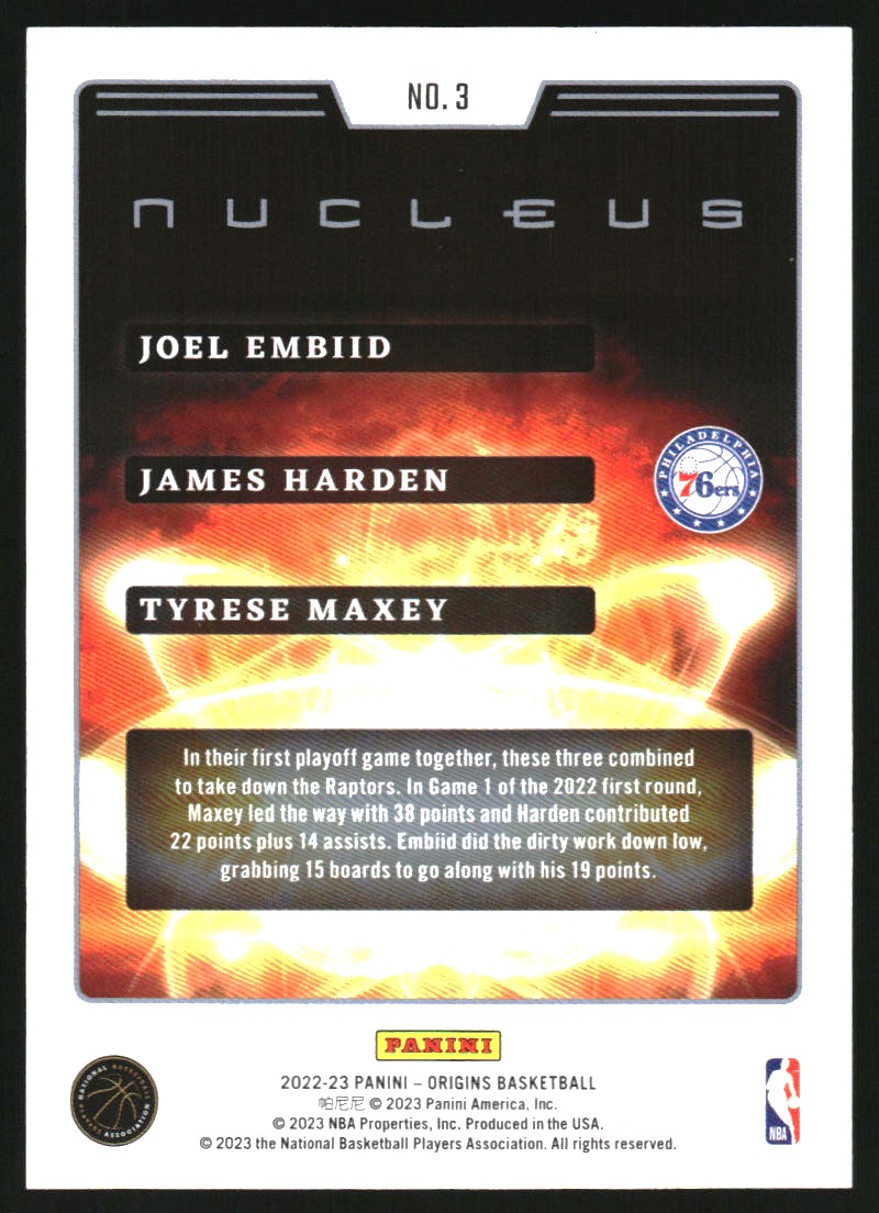 2022-23 Panini Origins Nucleus #3 Joel Embiid/Tyrese Maxey/James Harden