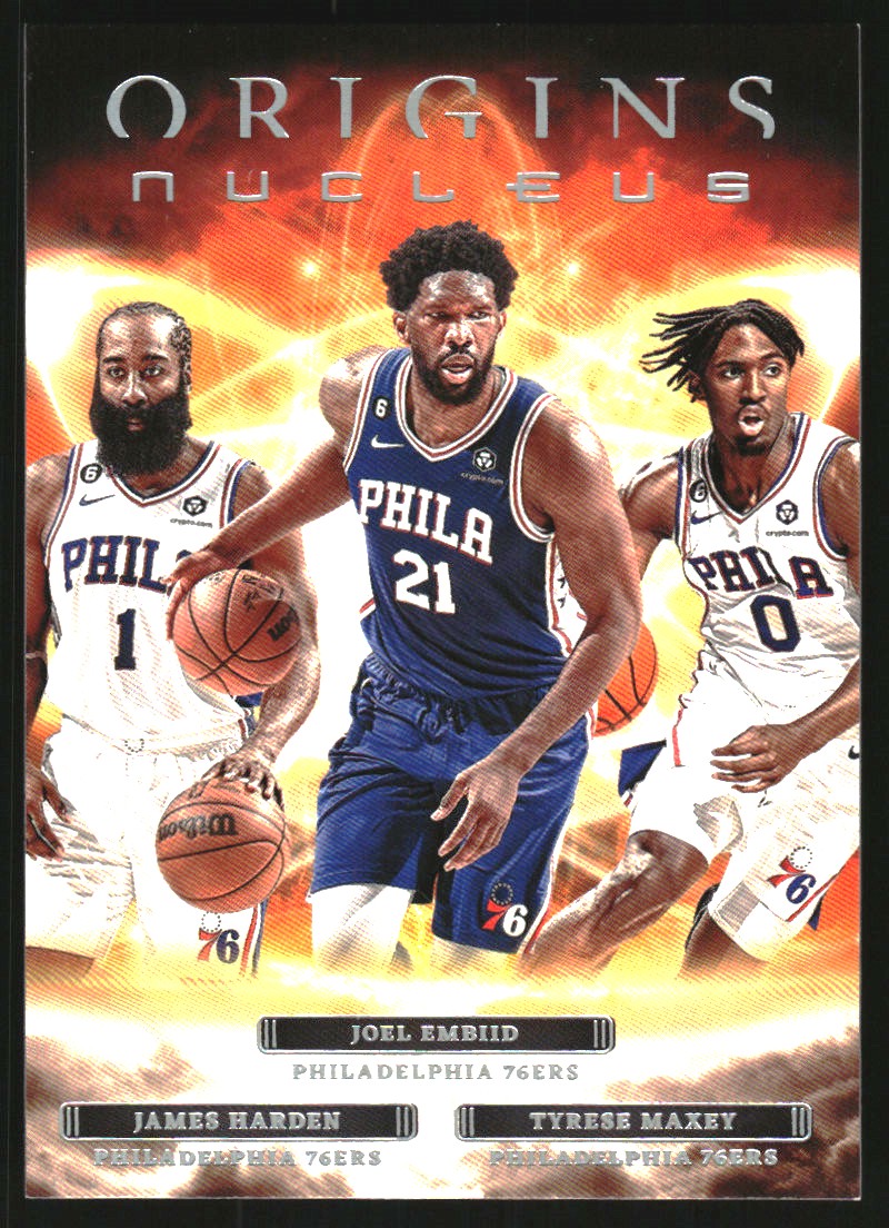 2022-23 Panini Origins Nucleus #3 Joel Embiid/Tyrese Maxey/James Harden