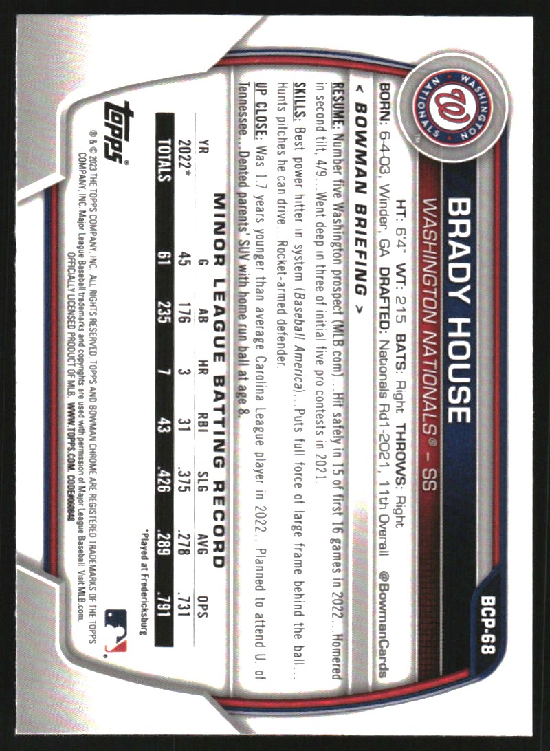 2023 Bowman Chrome Sapphire Prospects #BCP68 Brady House