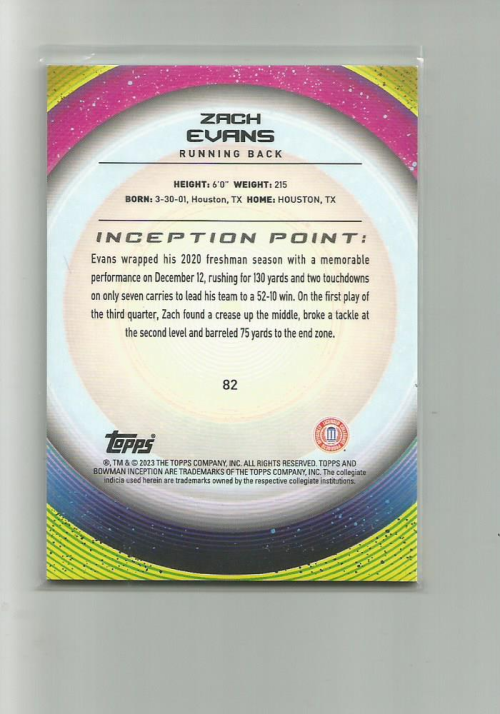 2022-23 Bowman Inception University Green Foil #82 Zach Evans back image