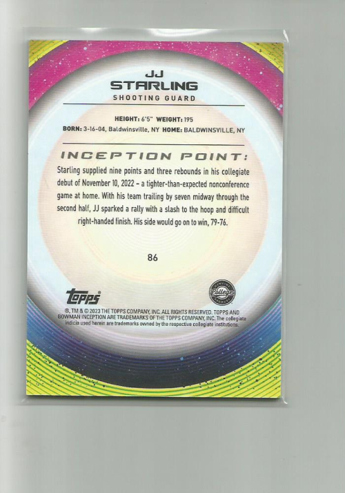 2022-23 Bowman Inception University Aqua Foil V1 #86 JJ Starling back image