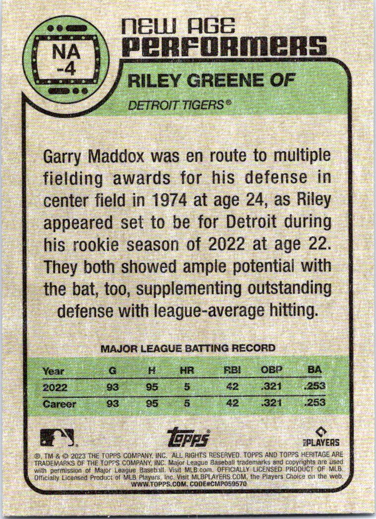 2023 Topps Heritage New Age Performers #NA4 Riley Greene - NM-MT - The  Dugout Sportscards & Comics