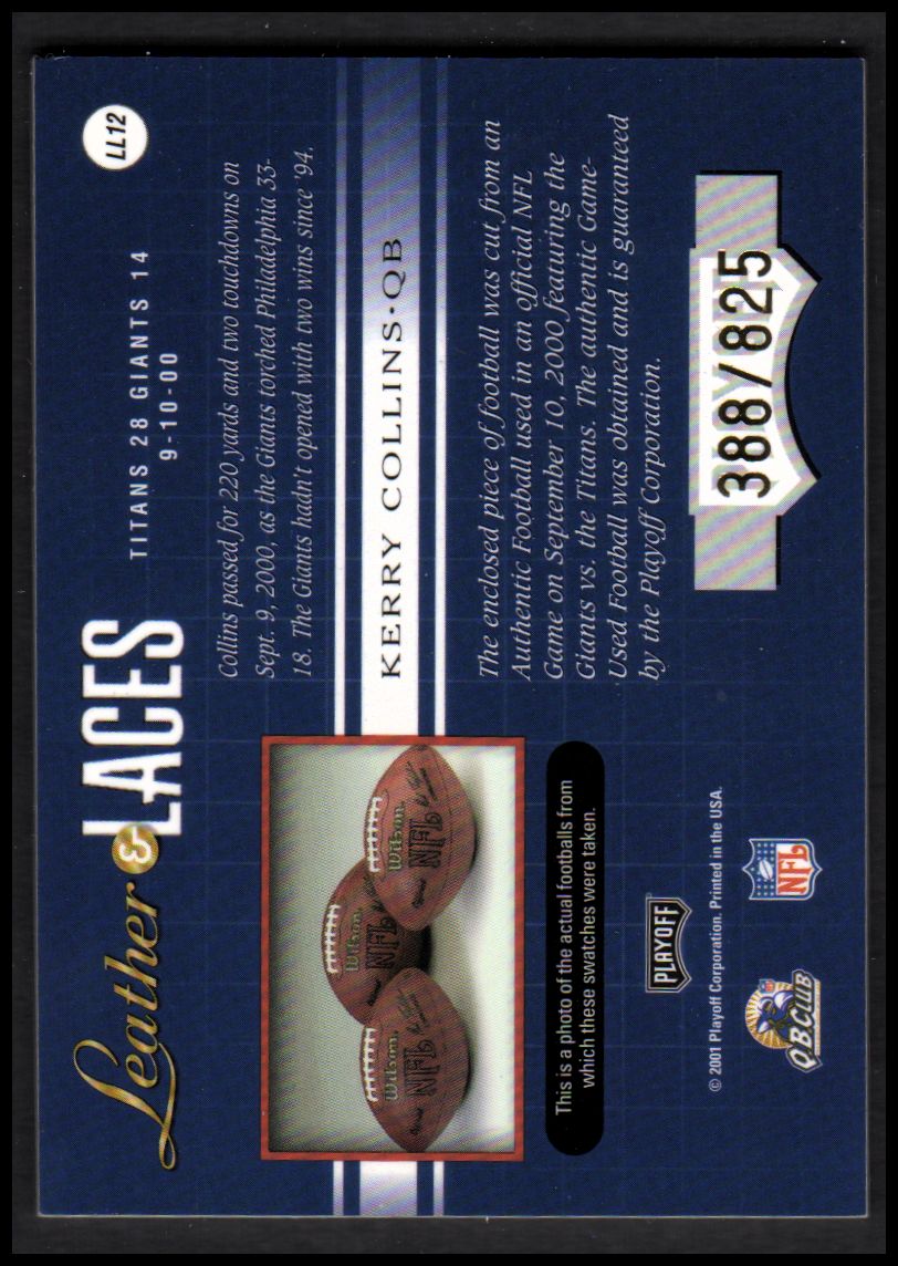 2001 Absolute Memorabilia Leather and Laces #LL12 Kerry Collins back image