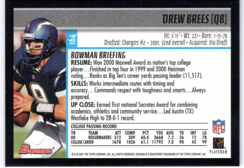 2001 Bowman #164 Drew Brees RC back image