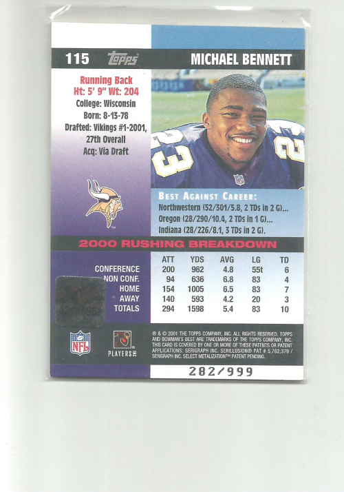2001 Bowman's Best #115 Michael Bennett JSY RC back image