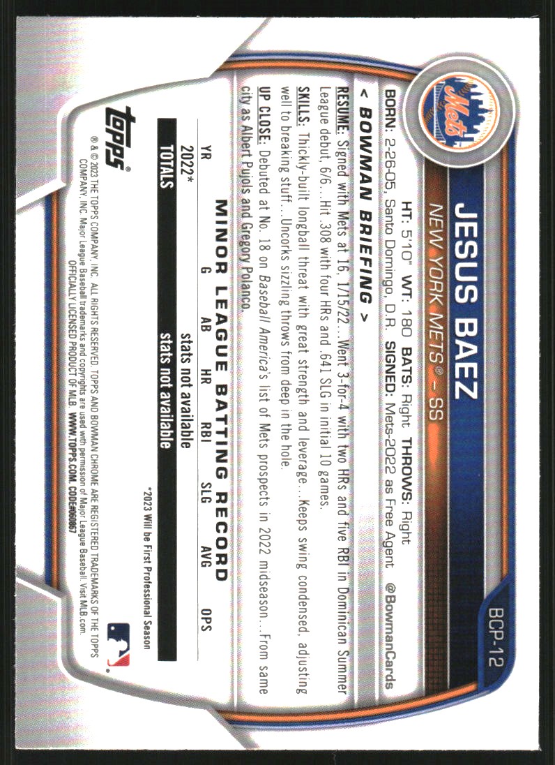2023 Bowman Chrome Mega Box Prospects #BCP12 Jesus Baez