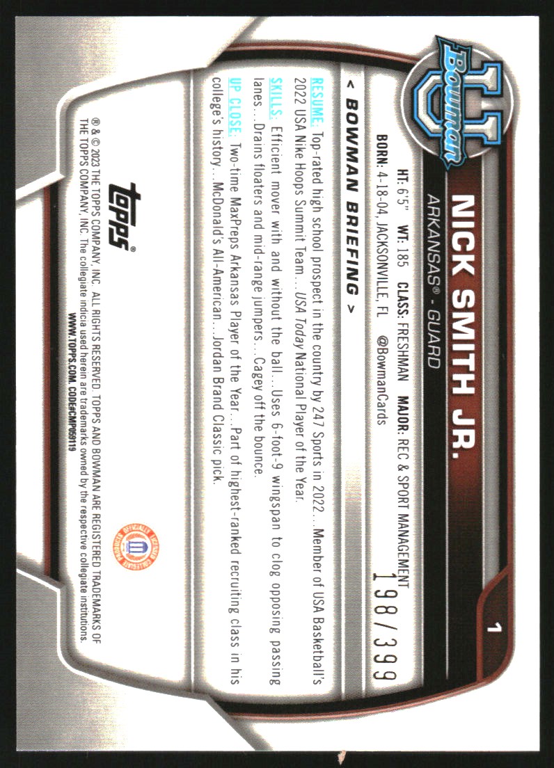 2022-23 Bowman Chrome University Purple Mini-Diamond Refractors #1 Nick Smith Jr.