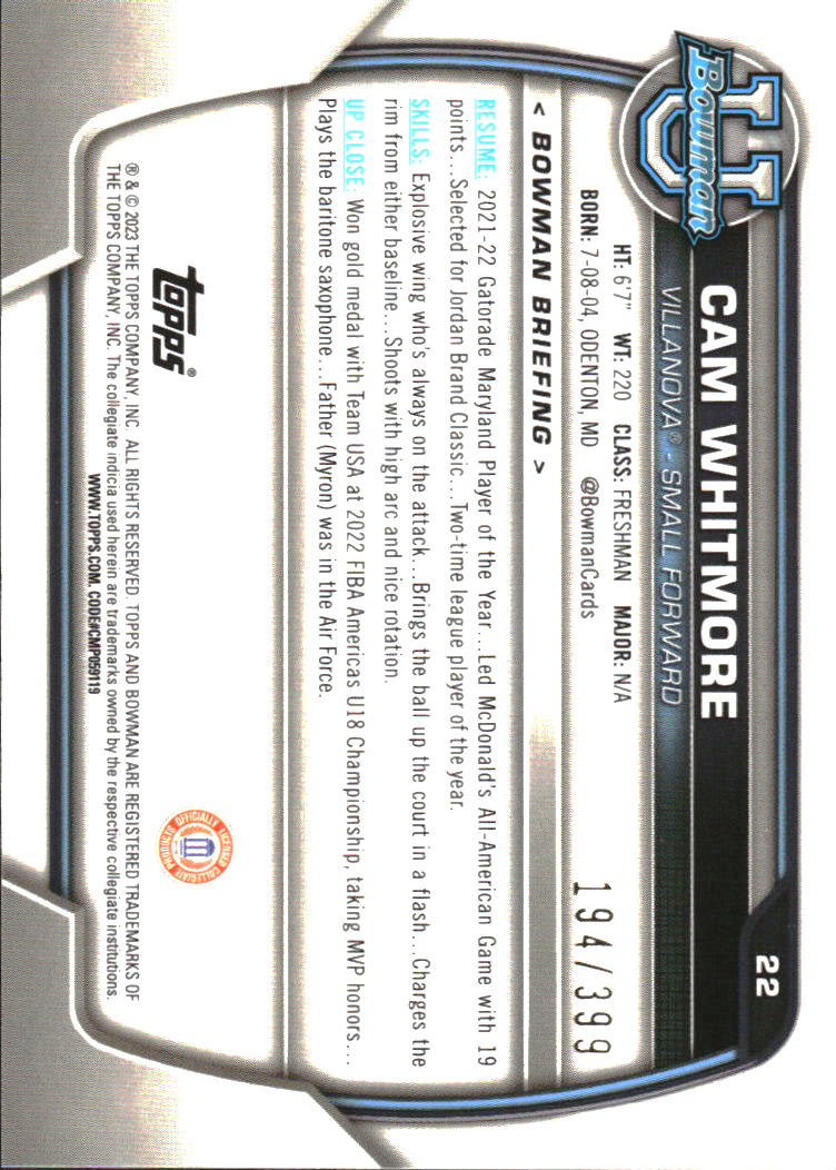 2022-23 Bowman Chrome University Purple Mini-Diamond Refractors #22 Cam Whitmore