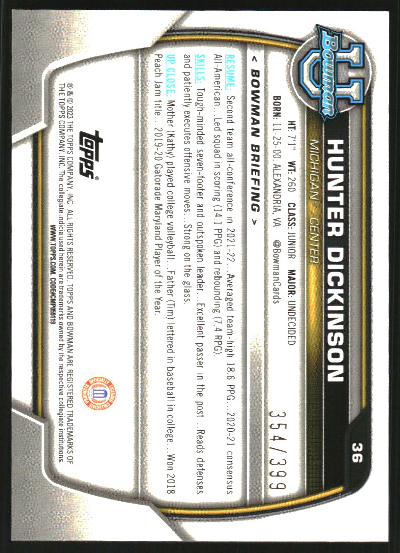2022-23 Bowman Chrome University Purple Mini-Diamond Refractors #36 Hunter Dickinson