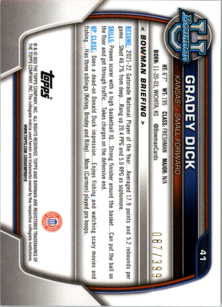 2022-23 Bowman Chrome University Purple Mini-Diamond Refractors #41 Gradey Dick