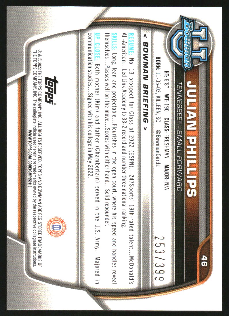 2022-23 Bowman Chrome University Purple Mini-Diamond Refractors #46 Julian Phillips
