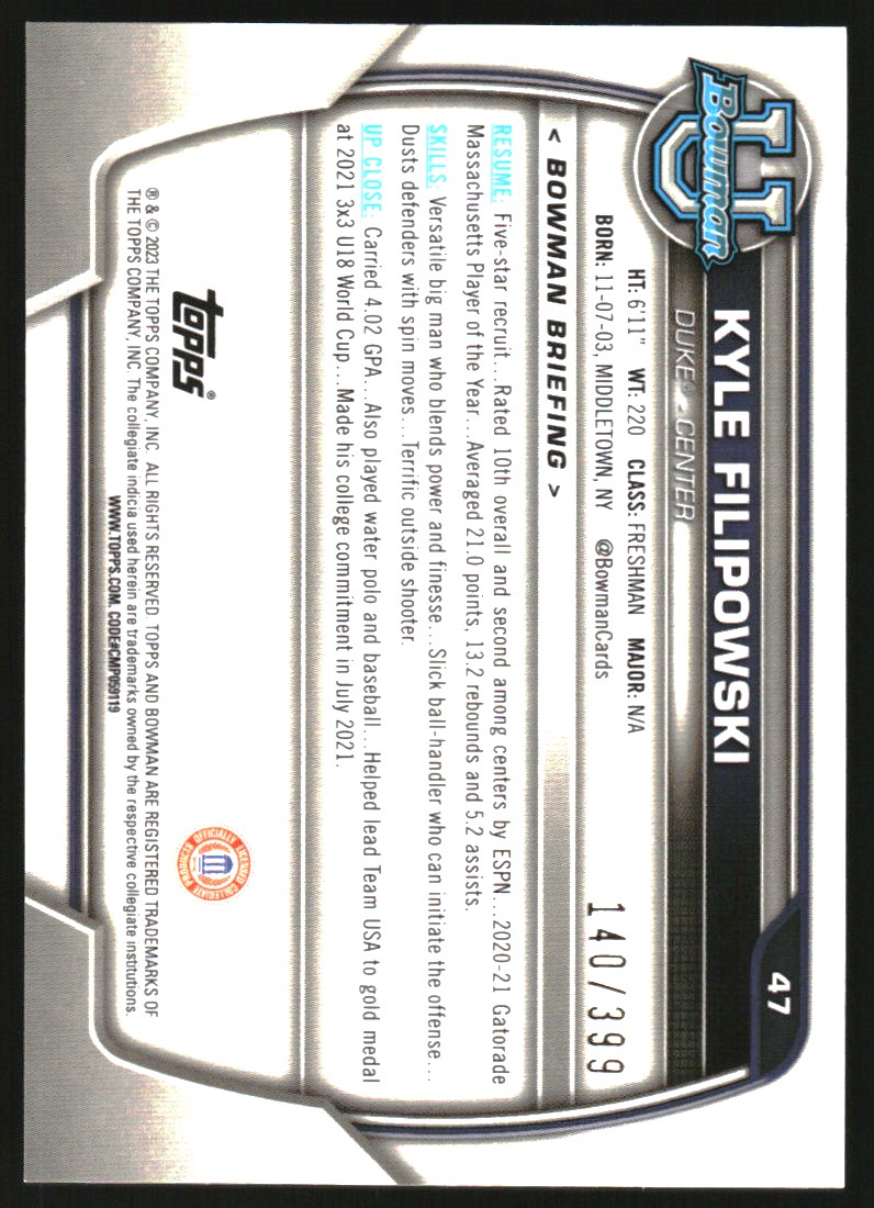 2022-23 Bowman Chrome University Purple Mini-Diamond Refractors #47 Kyle Filipowski