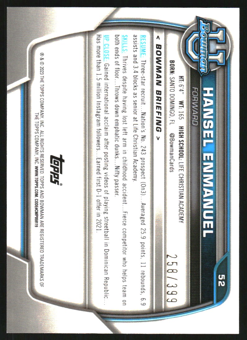 2022-23 Bowman Chrome University Purple Mini-Diamond Refractors #52 Hansel Enmanuel