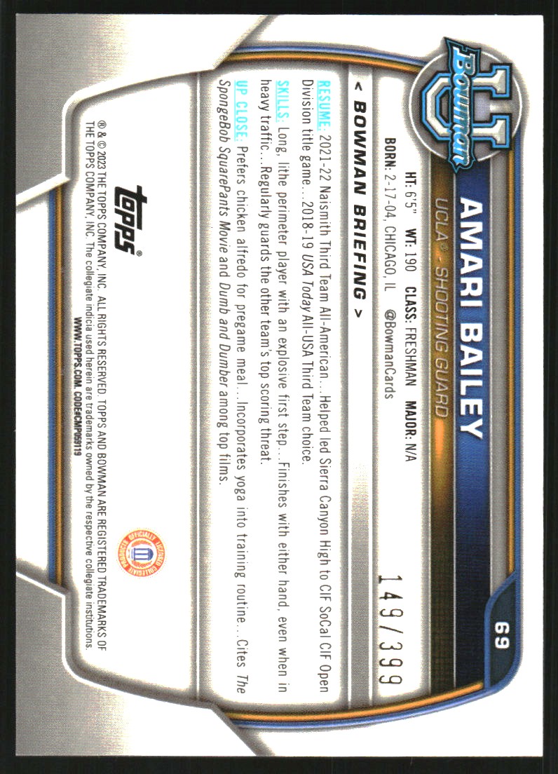2022-23 Bowman Chrome University Purple Mini-Diamond Refractors #69 Amari Bailey