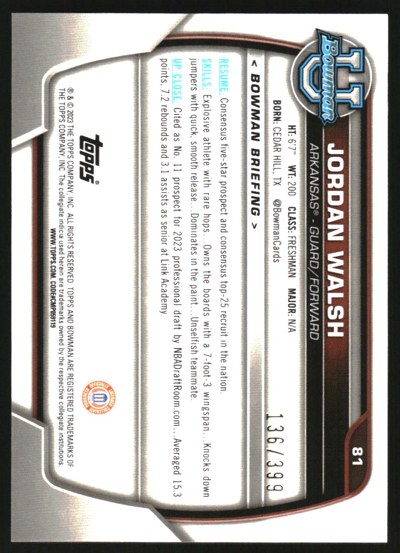 2022-23 Bowman Chrome University Purple Mini-Diamond Refractors #81 Jordan Walsh