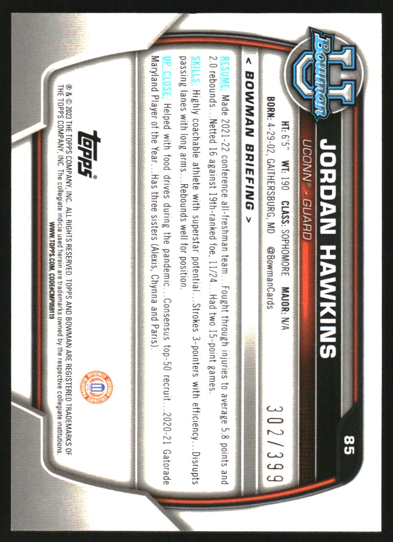 2022-23 Bowman Chrome University Purple Mini-Diamond Refractors #85 Jordan Hawkins