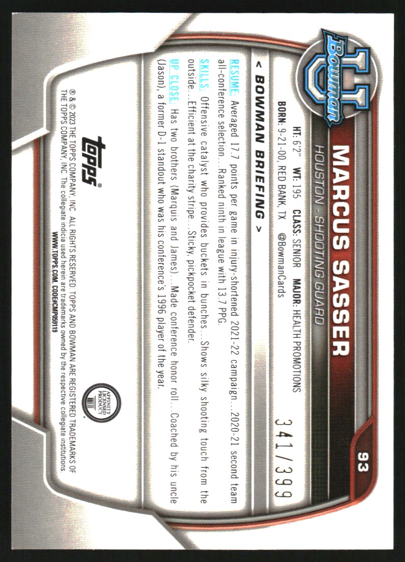 2022-23 Bowman Chrome University Purple Mini-Diamond Refractors #93 Marcus Sasser