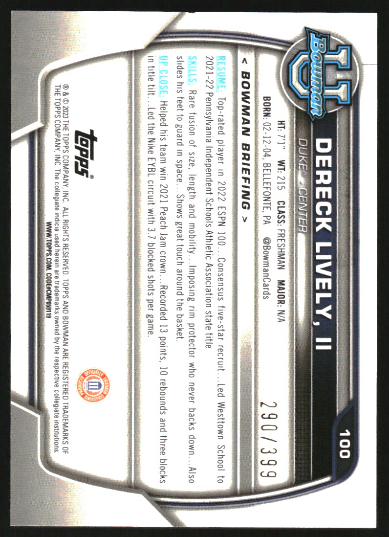 2022-23 Bowman Chrome University Purple Mini-Diamond Refractors #100 Dereck Lively II