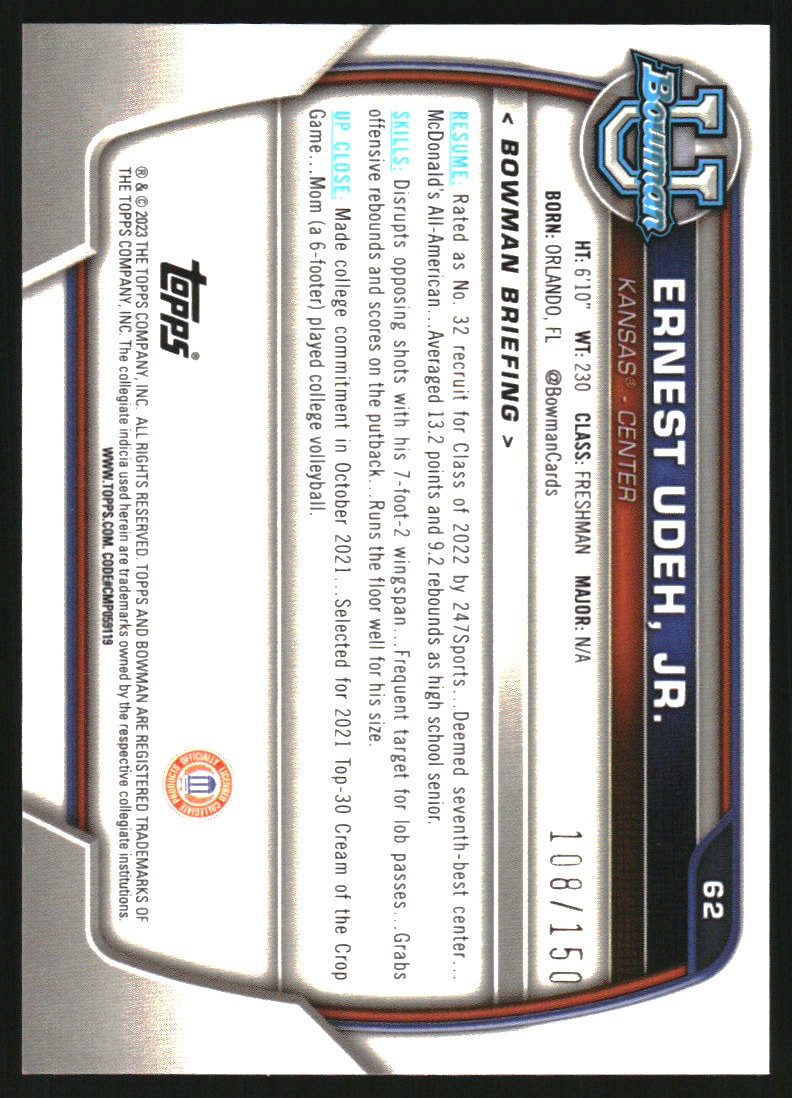 2022-23 Bowman Chrome University Fuchsia Mini-Diamond Refractors #62 Ernest Udeh Jr.
