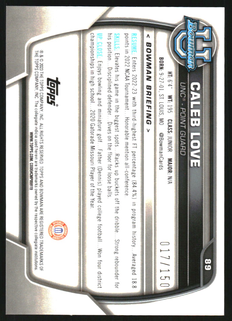 2022-23 Bowman Chrome University Fuchsia Mini-Diamond Refractors #89 Caleb Love